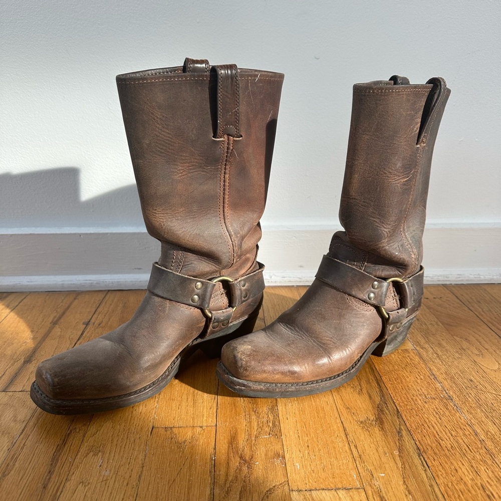 Frye Brown Cowboy Boots with Distressed Leather and Metal Hardware
